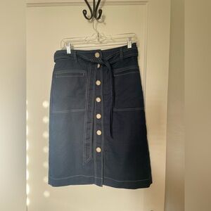 J. Crew Buttoned Skirt with Belt, dark blue with white stitching